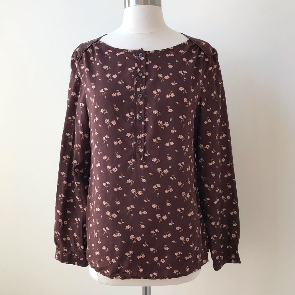Lands End Canvas Brown Floral Silk Blouse